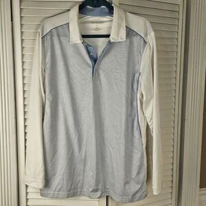 San Soleil Mens Blue White Check UPF 50 Long Sleeve Polo Golf‎ Shirt Large